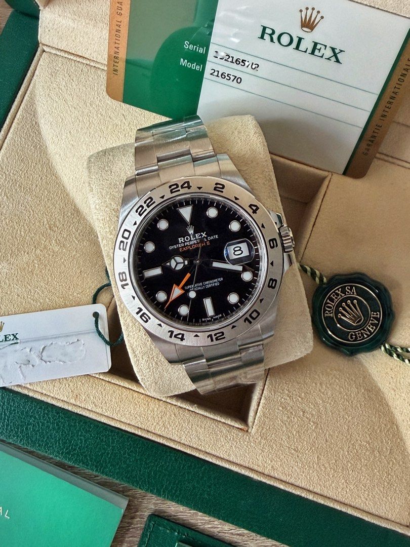Rolex Explorer II Black Dial (2019) Below SRP 627.5k (Category: Men's Watches) located in Pasig City. Submitted by migspaggabao (Listing ID 1456273748, Image 2). Description: Rolex Explorer II Black Dial Discontinued Model Ref. No. 216570 Calibre 3187 48 hours power reserve 42 mm case 9.8/10 condition. Mint! Dated yr 2019. Selling below current model SRP PHP 627.5k! Inclusions: watch, double box, manuals, card holder, hang tags, guarantee card an