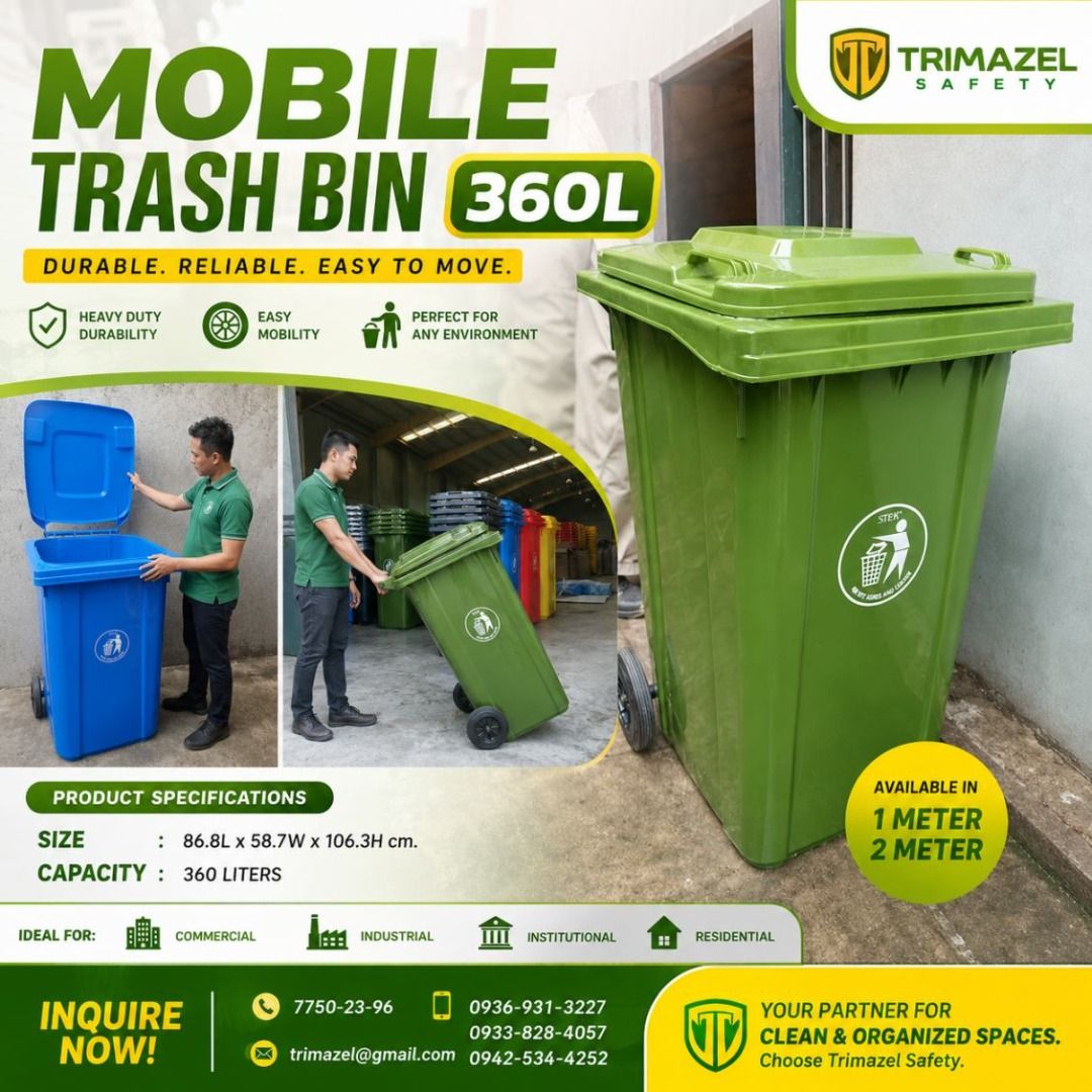 ROLLING TRASH BIN (Category: Construction Tools & Equipment) located in Pasig City. Submitted by cruzmia.825 (Listing ID 1456240355, Image 1). Description: ✅ Guaranteed lowest price ✅ Quality products ✅ Big discount for bulk orders ✅ 100% LEGIT TRUSTED SUPPLIER! ✅ With Complete Legal Documents ✅ BIR Registered We Supply All Kinds Of PPE Supplies, Raincoat, Hard Hat, Cooler Box, Plastic Trash Bin, Road Barriers, Kayak Boats, Crystal Kayak, Traffic