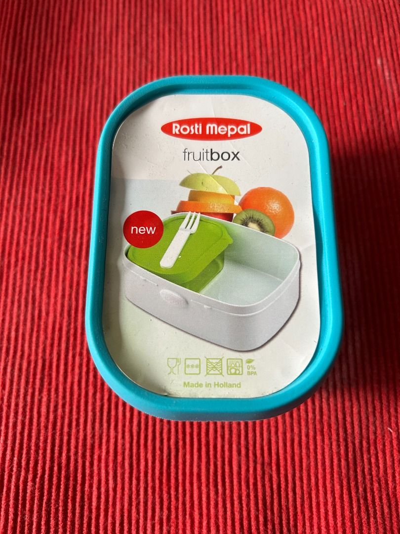 Rosti Mepal Fruitbox Lunch Box with Fork (Category: Food Organization & Storage) located in Calamba. Submitted by marjoh29436 (Listing ID 1456318286, Image 1). Description: A mini box perfect for storage of fruit and snack “to go” with a silicone lid cover, comes with a small fork for convenient snacking. Ideal for snacks or lunch / stylish turquoise color / easy to clean and use / suitable for kids and adults. UNUSED, Made in HOLLAND, 250ml (8.5