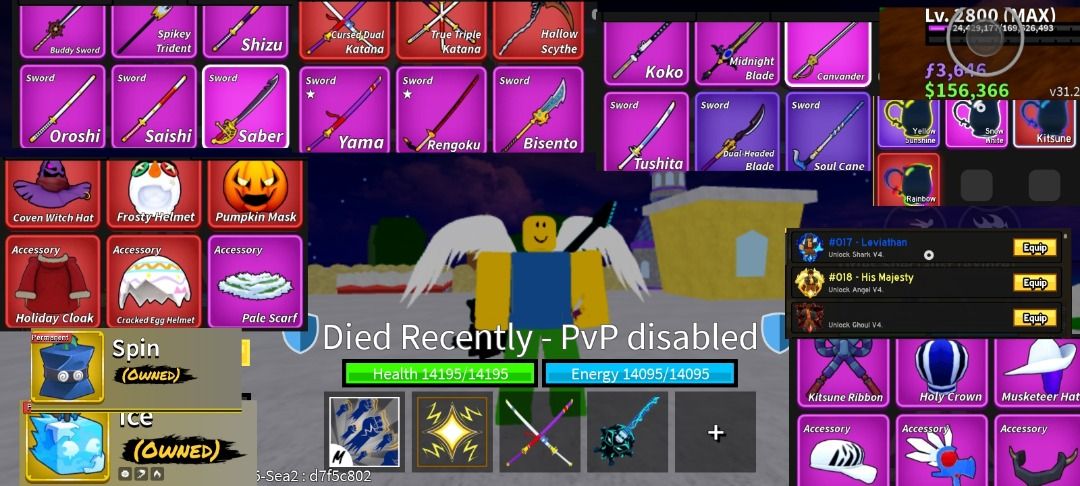 Selling account (Category: In-Game Products) located in Caloocan City. Submitted by oddfish.7816e8 (Listing ID 1456345347, Image 1). Description: - Max Level Blox Fruits Account (Level 2800) - All V4 Races Unlocked: Leviathan (Shark), His Majesty (Angel), Ghoul - In-Game Currency: 3,646 fragment, $5m Cash - Legendary aura Included: Kitsune, Rainbow, Yellow Sunshine, Snow White, and more - Rare Weapons Available: Tushita, Saber, Skull Guitar, and 
