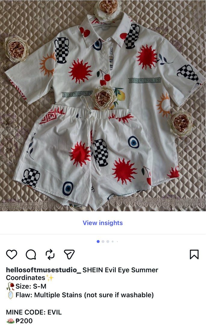 SHEIN Evil Eye Summer Coordinates Set S-M (Category: Sets or Coordinates) located in Tarlac. Submitted by just_decluttering (Listing ID 1456370000, Image 1). Description: - Cute SHEIN summer coordinate set - Features a fun print with evil eyes, suns, and checkered patterns - Top is a button-up shirt - Shorts have a drawstring waist - Size S-M - **IMPORTANT: Multiple stains present, unsure if washable. Selling AS IS.**.