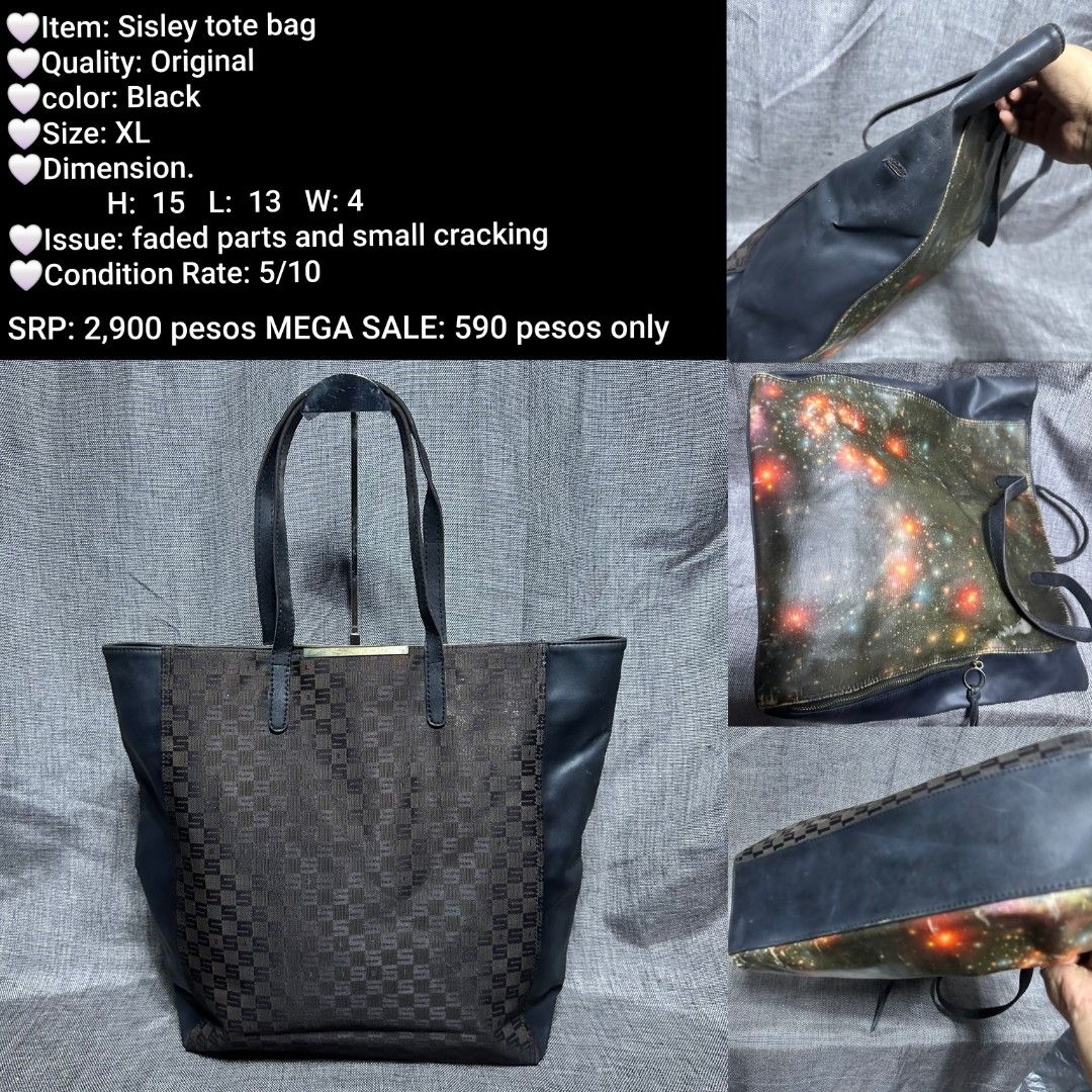 Sisley XL Tote Bag - Black (Category: Tote Bags) located in Manila. Submitted by almonddy26 (Listing ID 1456319961, Image 1). Description: - Original Sisley tote bag - XL size - Color: Black - Dimensions: H: 15, L: 13, W: 4 - Condition: Some faded parts and small cracking - Price: P590 - Original SRP: P2,900.