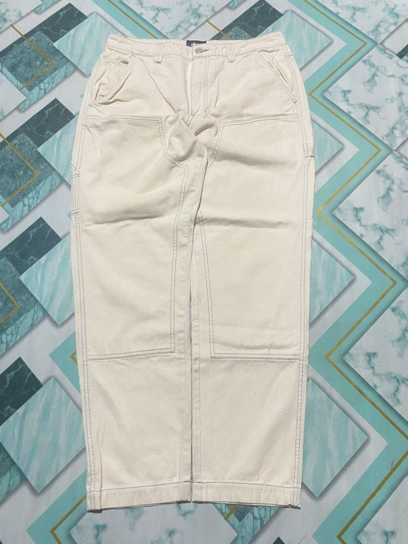 Stüssy double-knee canvas work pants (Category: Jeans) located in Cagayan de Oro. Submitted by swagdealer (Listing ID 1456325282, Image 2). Description: Size 34 Waist 17 Thigh 14 Hem 7.5 Outseam 41 Inseam29.5 Frontrise 13 Dm for fast transaction📩.