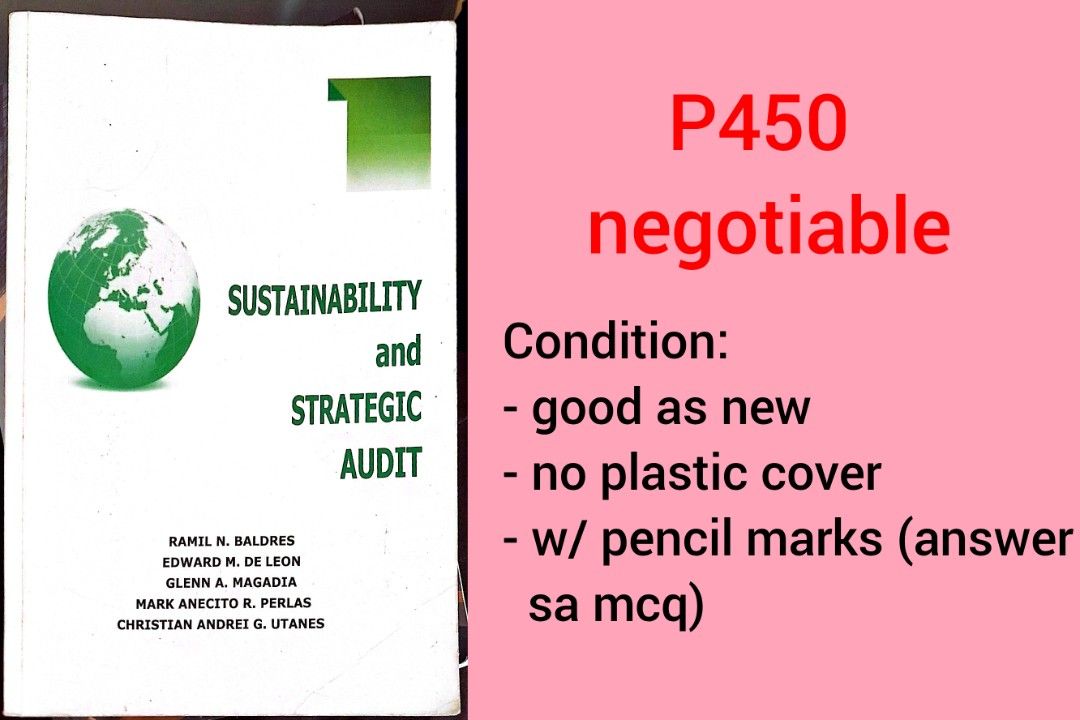 Sustainability & Strategic Audit (Category: Textbooks) located in Manila. Submitted by mich150 (Listing ID 1456271774, Image 1). Description: Condition: - good as new - no plastic cover - w/ pencil marks (answer sa mcq) - no highlights.