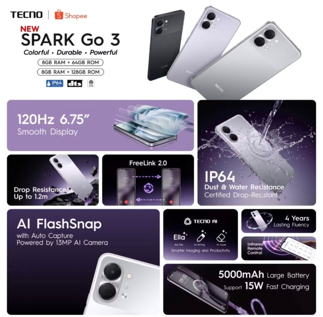 Tecno Spark Go 3 (Category: Android Others) located in General Trias. Submitted by gagdettito (Listing ID 1456243071, Image 2). Description: brand new! sealed! official warranty! 128GB color black.
