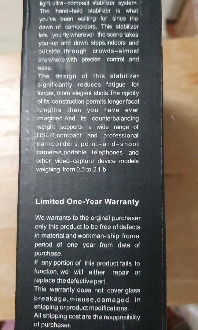 VDO camera stabilizer (Category: Travel Essentials & Accessories) located in Singapore. Submitted by tithima (Listing ID 1456361028, Image 3). Description: - Steadyvid EX Video Stabilizer - Supports digital cameras, camcorders, and DSLRs (with light lenses) up to 2.1 lbs (0.95kg) - Features a comfort grip handle for extended use - Equipped with a super gimbal for smooth, accurate motion - Includes a polished chrome counterweight for balance - Bui