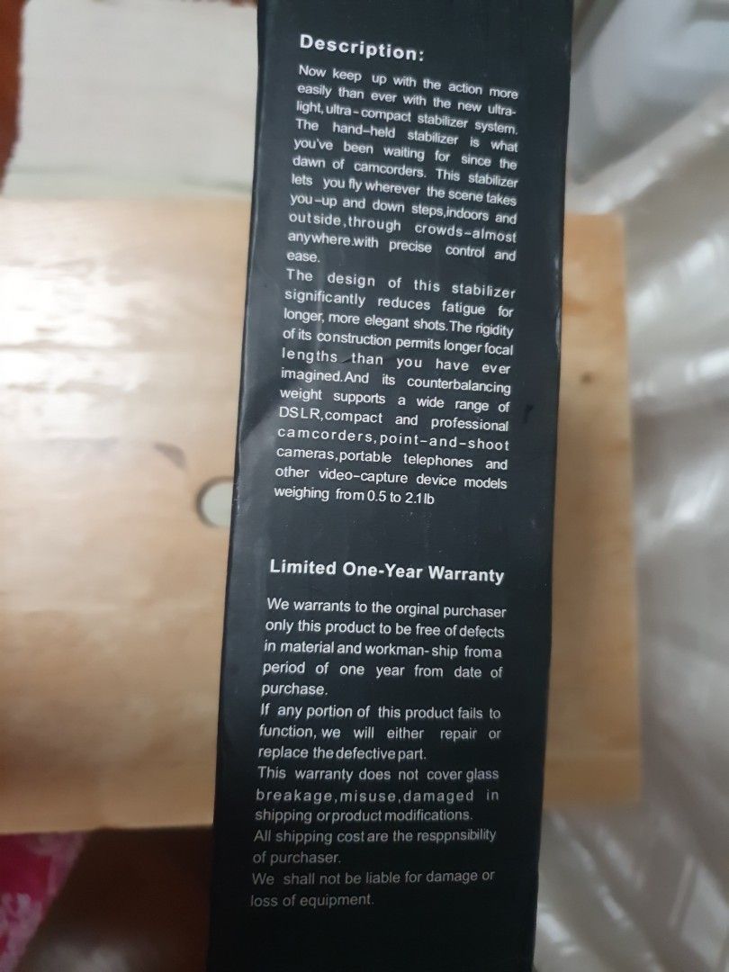 VDO camera stabilizer (Category: Travel Essentials & Accessories) located in Singapore. Submitted by tithima (Listing ID 1456361028, Image 5). Description: - Steadyvid EX Video Stabilizer - Supports digital cameras, camcorders, and DSLRs (with light lenses) up to 2.1 lbs (0.95kg) - Features a comfort grip handle for extended use - Equipped with a super gimbal for smooth, accurate motion - Includes a polished chrome counterweight for balance - Bui