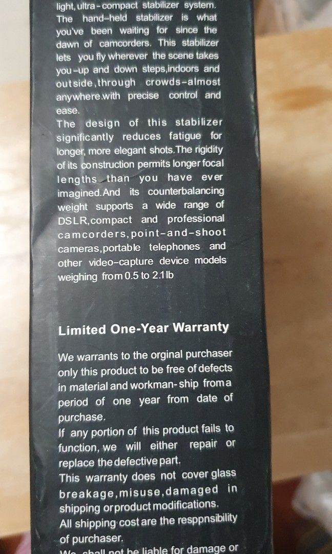 VDO camera stabilizer (Category: Travel Essentials & Accessories) located in Singapore. Submitted by tithima (Listing ID 1456361028, Image 2). Description: - Steadyvid EX Video Stabilizer - Supports digital cameras, camcorders, and DSLRs (with light lenses) up to 2.1 lbs (0.95kg) - Features a comfort grip handle for extended use - Equipped with a super gimbal for smooth, accurate motion - Includes a polished chrome counterweight for balance - Bui