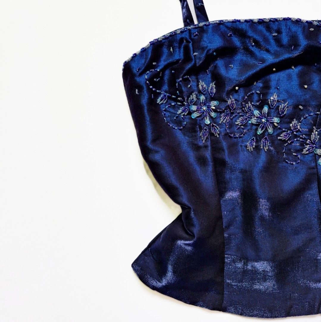 Vintage 90s Midnight Blue Satin Cami Top (Category: Sleeveless) located in Tarlac. Submitted by cheesecaakee (Listing ID 1456373352, Image 3). Description: size: xs-s price + sf mop: Gcash | MariBank mod: J&T.