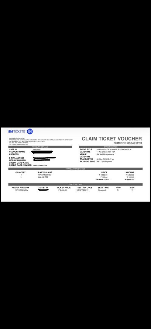 VIP B Premium Ticket Everyone's a Star (Category: Events Tickets) located in Taguig. Submitted by coffeesips (Listing ID 1456285370, Image 1). Description: - 1 VIP B Premium Ticket - Artist: 5 Seconds of Summer - Date: November 11, 2026 - Venue: SM Mall of Asia Arena - Seat: N17 .