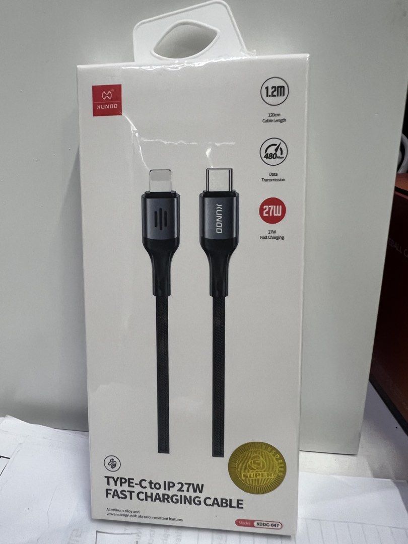 XUNDD Type-C to Lightning (IP) fast charging cable 27w (Category: Chargers & Cables) located in Manila. Submitted by kyrenparts (Listing ID 1456333296, Image 1). Description: XUNDD Type-C to Lightning (IP) fast charging cable 27w XUNDD charging cable • Product: Type-C to Lightning (IP) fast charging cable • Length: 1.2m (120cm) • Power: 27W fast charging • Data transfer: 480Mbps • Material: Aluminum alloy connectors + braided nylon cord (abrasion