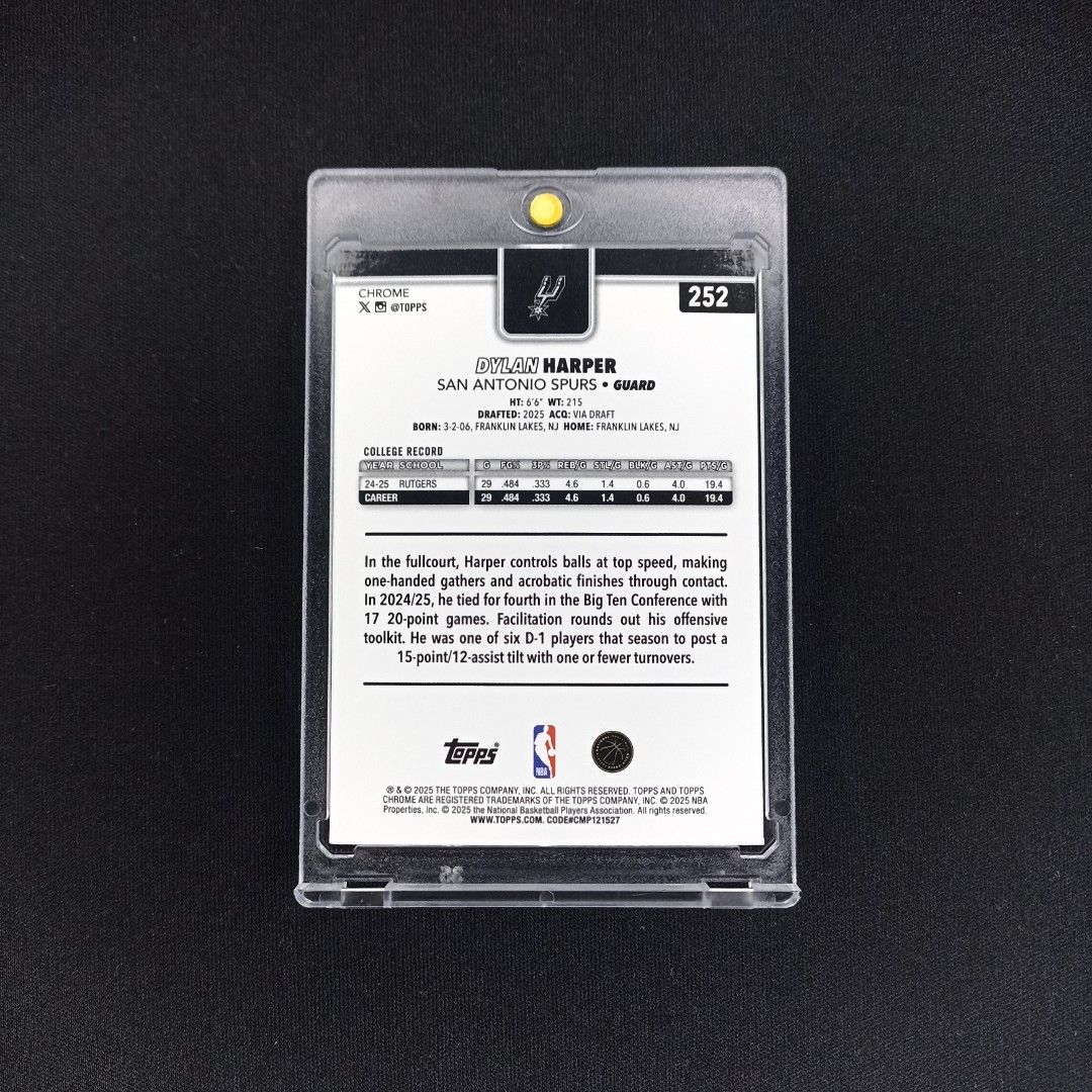 2025 NBA Card Dylan Harper Topps Chrome RC (Category: Raw Singles) located in San Fernando. Submitted by leonsportscollectiblesandtcg (Listing ID 1456566847, Image 2). Description: Near mint to mint condition unless with stated major issue. Cards are raw. Print lines, minimal white corners and other minor issues do not make your purchase eligible for returns/refunds. Issues will be indicated. Please manage your expectation and do not expect all r
