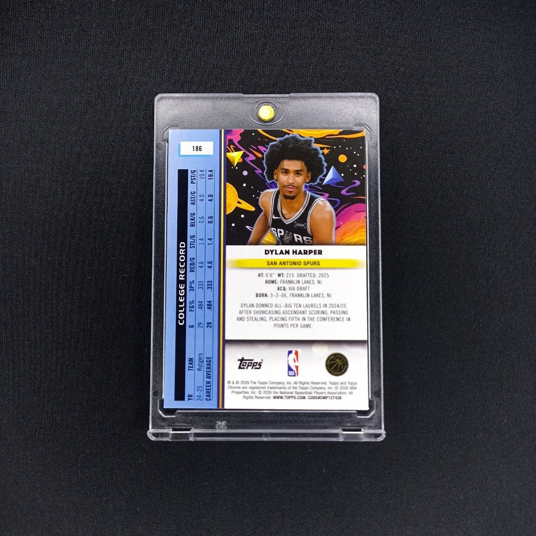 2025 NBA Card Dylan Harper Topps Chrome Cosmic RC (Category: Raw Singles) located in San Fernando. Submitted by leonsportscollectiblesandtcg (Listing ID 1456575695, Image 2). Description: Near mint to mint condition unless with stated major issue. Cards are raw. Print lines, minimal white corners and other minor issues do not make your purchase eligible for returns/refunds. Issues will be indicated. Please manage your expectation and do not expec