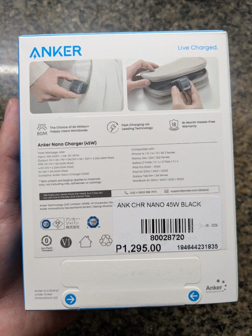 45W Charger ANKER (Category: Chargers) located in Quezon City. Submitted by joewack (Listing ID 1456460647, Image 2). Description: ANKER 45W Charger original brand new sealed loc Project 8 QC shipping Lalamove Grab LBC cod/gcash/maya.