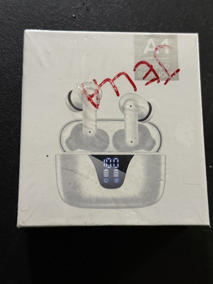 A4 Stereo Earphones Wireless Bluetooth Earbuds Charging Case (Category: Earphones) located in Manila. Submitted by gooddealsmanila (Listing ID 1456487312, Image 1). Description: - Wireless Bluetooth Earbuds - Charging Case with Digital Display - Touch Control - Stereo Sound - Model: X003MR09X7 - Made in China.