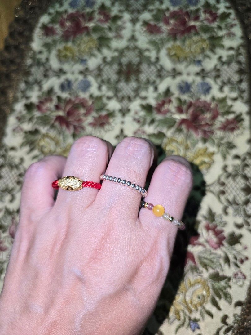 Adjustable Beaded Rings and Red String Bracelet with Charm (Category: Bracelets) located in Santa Rosa. Submitted by crystal1.0 (Listing ID 1456430188, Image 1). Description: adjustable rings 1. red string - 150 2. S925 beads ring - 380 3. colorful tourmaline with amber - 350.