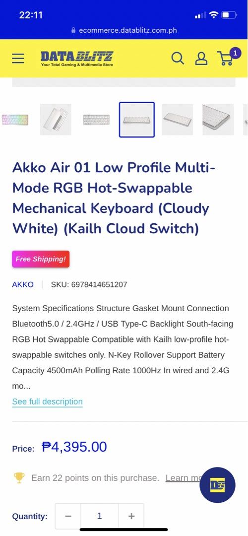 Akko Air 01 Low Profile Mechanical Keyboard (Category: Computer Keyboard) located in Manila. Submitted by lalayie (Listing ID 1456559137, Image 2). Description: NEGO! Used only for a week RFS: Want to switch to aula or rk Inclusions: Complete set with box - Akko Air 01 Low Profile Mechanical Keyboard - Cloudy White color - Multi-mode RGB lighting - Hot-swappable switches (Kailh Cloud) - Connectivity: Bluetooth 5.0, 2.4GHz wireless, USB Type-C - N