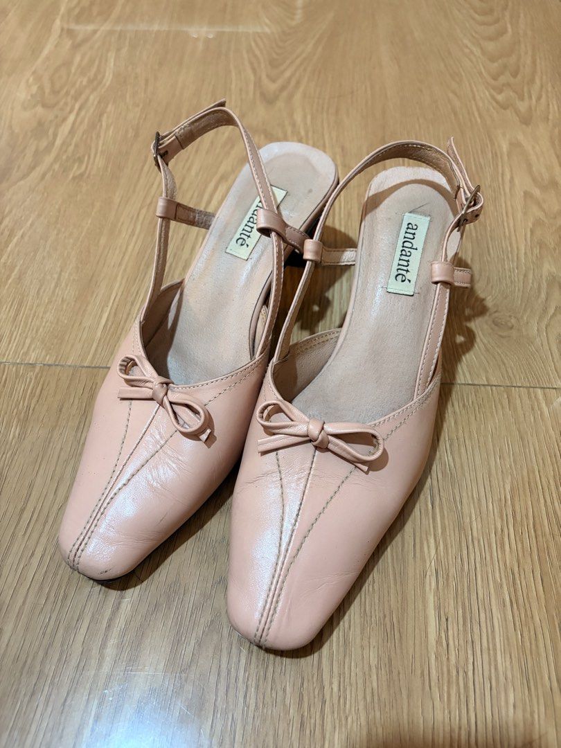 Andante Ribbon Kitten Heel Slingback (Blush) (Category: Heels) located in Caloocan City. Submitted by amberdeclutters (Listing ID 1456545683, Image 2). Description: Decluttering! ∙ 100% full grain leather upper ∙ Leather lining and insole ∙ Leather bowl detail ∙ Buckle strap ∙ 5cm kitten heel Leather has creases (natural due to wear) and light scuff marks. Closeup photo of flaws on the last slide. Price is negotiable :).