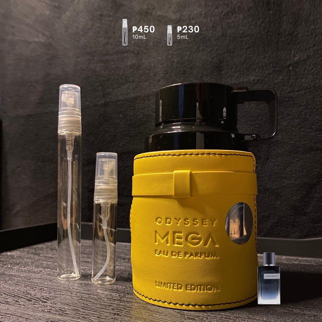 Armaf Odyssey Mega Authentic Perfume Decant |5mL & 10mL (Category: Fragrance & Deodorants) located in Manila. Submitted by frag.archive (Listing ID 1456520600, Image 1). Description: Bright citrus, fresh mint, fruity sweetness, and a smooth woody dry-down. - 5ML - 10ML - 100% Authentic - Carefully decanted from the original bottle Send a DM to order!📩📩📩.