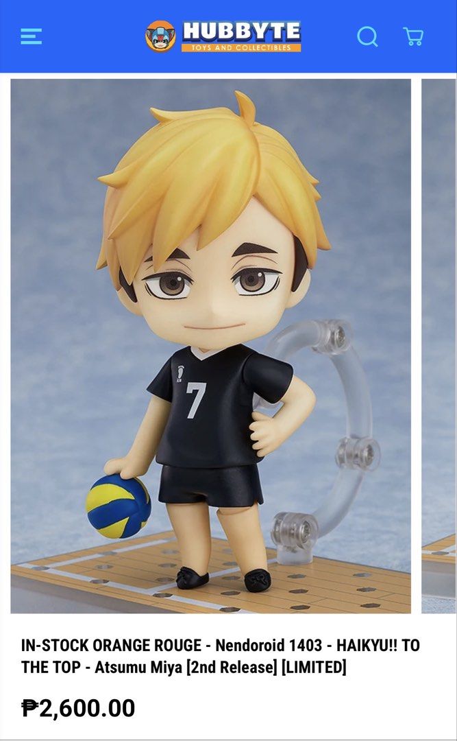 Atsumu Miya 1403 Nendoroid (Category: Designer & Blind Box Toys) located in Manila. Submitted by bea1408 (Listing ID 1456581312, Image 3). Description: Fixed Price. Bought for almost 3k. - No damages, no issues. Complete. - Opened, pero never na-display. .