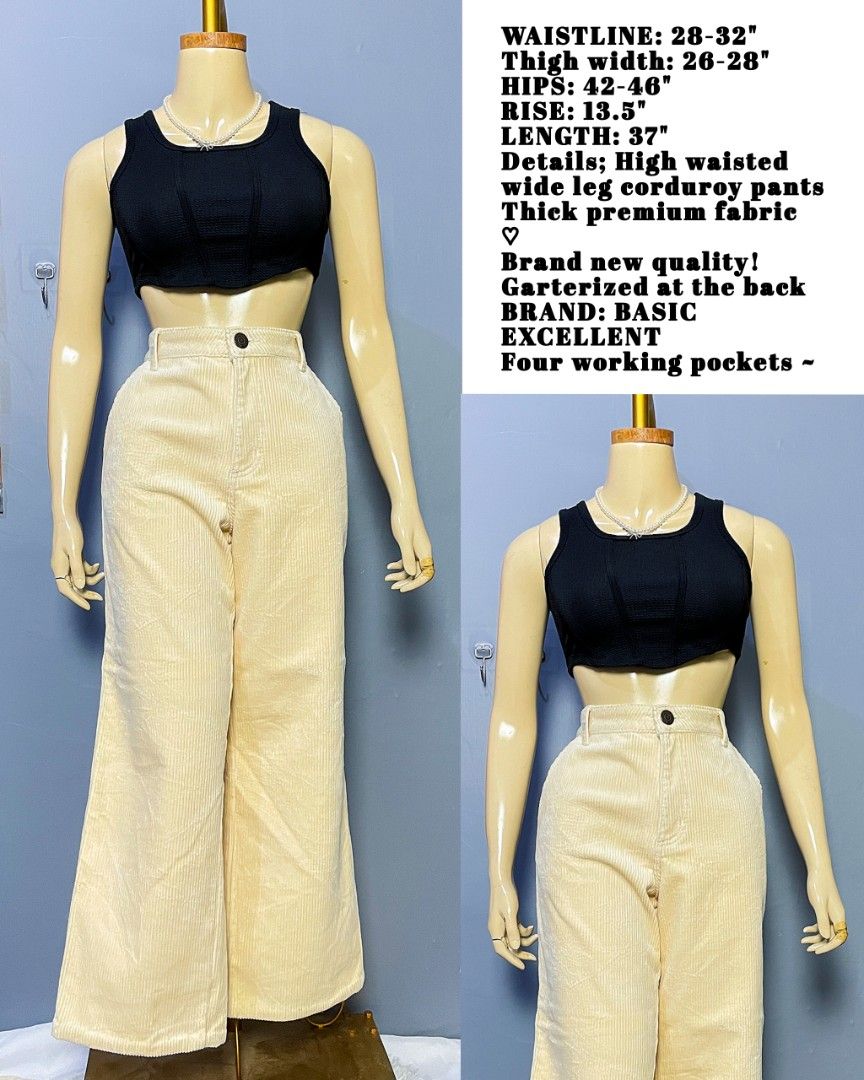 BASIC EXCELLENT High Waisted Wide Leg Corduroy Pants (Category: Other Bottoms) located in Cabanatuan. Submitted by CALIAH (Listing ID 1456578706, Image 1). Description: - Brand new, high-quality corduroy pants - Stylish high-waisted, wide-leg design - Made with thick, premium fabric for comfort and durability - Garterized back for a flexible and secure fit - Four functional pockets for practicality - Waistline: 28-32 inches - Thigh width: 26-28 i