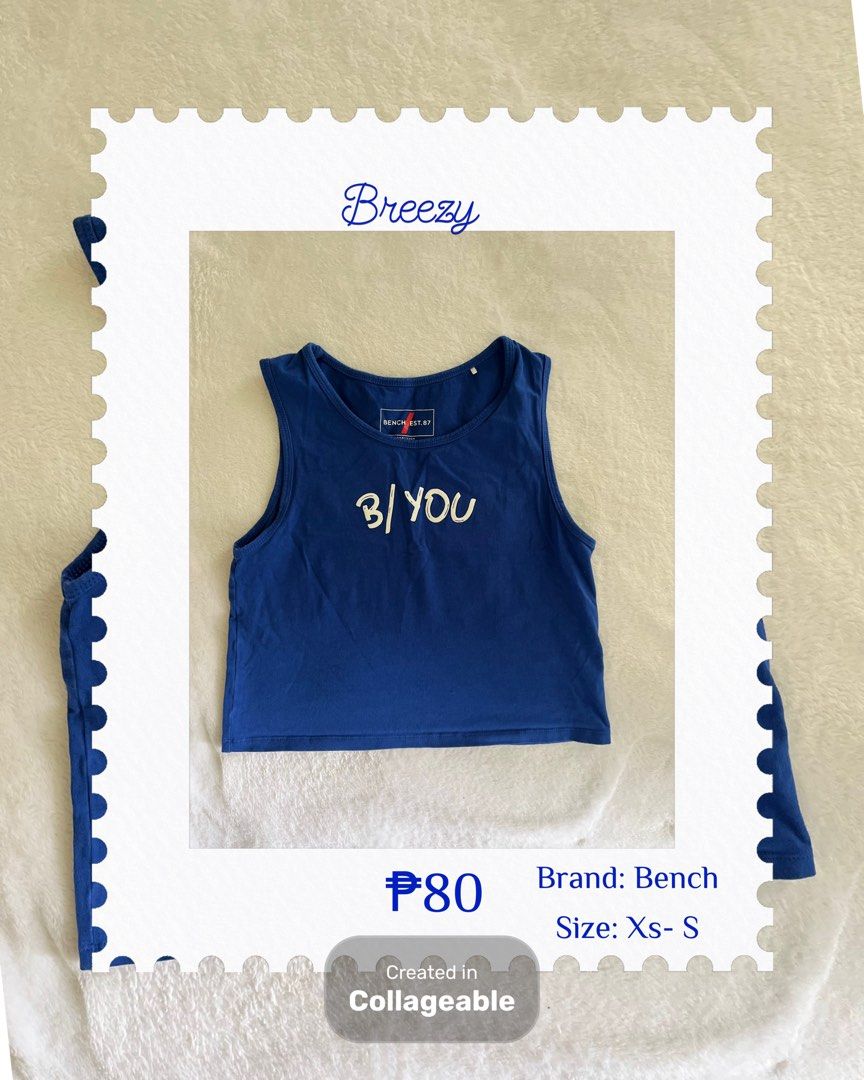 Bench Blue "B/YOU" Tank Top (Category: Sleeveless) located in Muntinlupa City. Submitted by bluebubbles_05 (Listing ID 1456430663, Image 1). Description: - Blue Bench cropped tank top - Features "B/YOU" graphic - Soft and breathable fabric - Ideal for casual, warm-weather styling - Easily pairs with shorts or jeans.