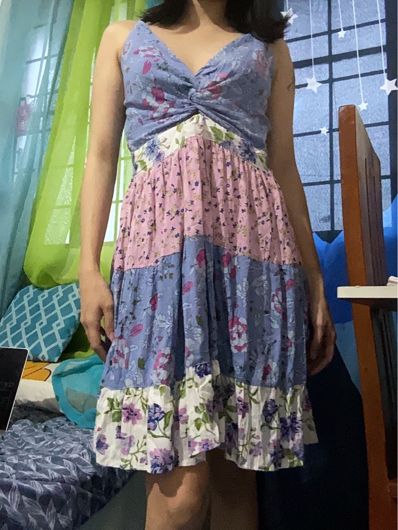 Blue Periwinkle Pink Floral Patchwork Mini Dress Spaghetti Straps (Category: Dresses) located in Alfonso. Submitted by glenngarcia03 (Listing ID 1455688043, Image 3). Description: - Adorable patchwork mini dress with adjustable strap - Features blue floral print on top and bottom - Contrasting pink floral section in the middle - Delicate spaghetti straps - Flattering sweetheart neckline - Trendy ruffled hemline - Ideal for summer outings and warm