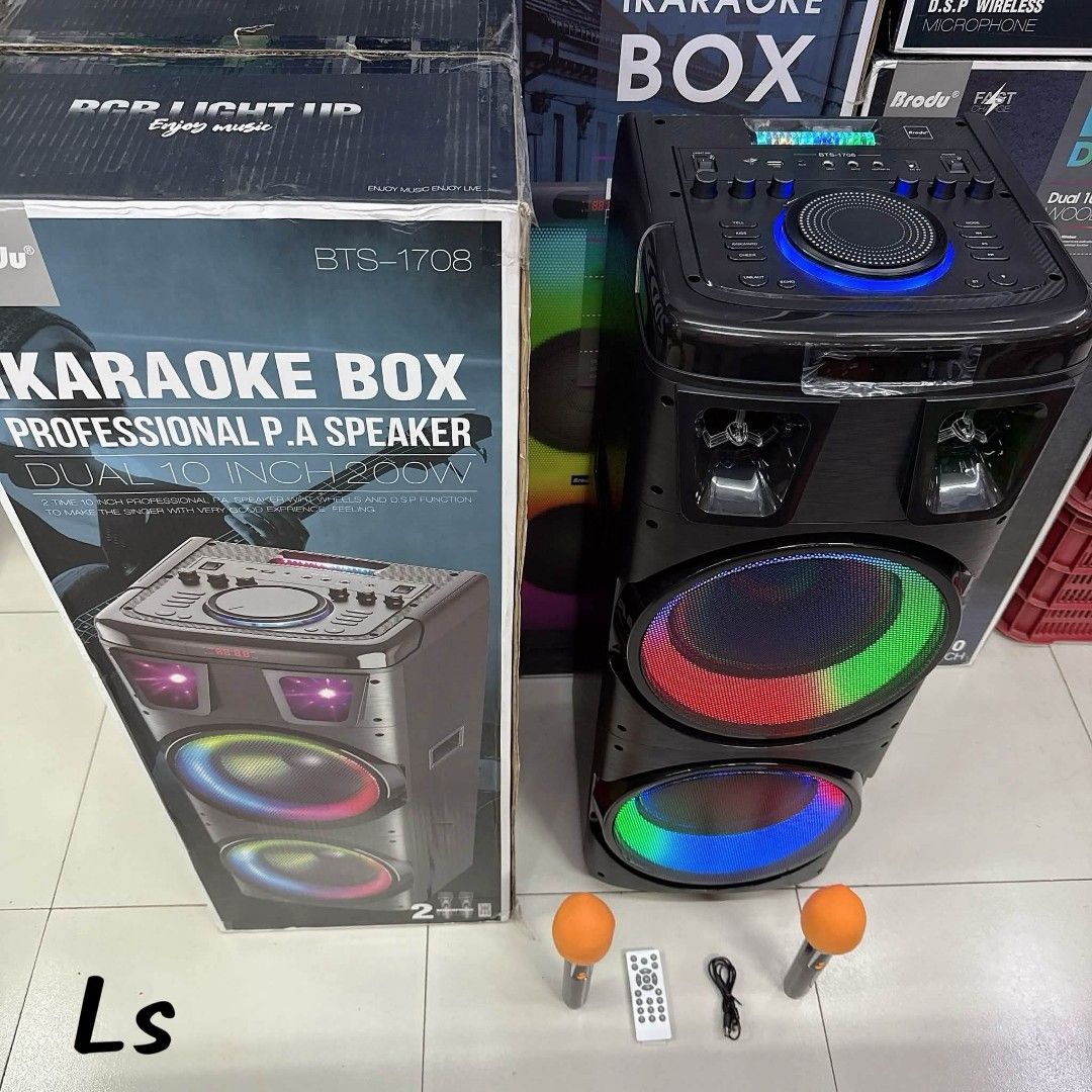 Brodu BTS-1708 Karaoke Box Professional P.A Speaker 200W (Category: Soundbars, Speakers & Amplifiers) located in Manila. Submitted by chaionlineshop (Listing ID 1456510632, Image 1). Description: - Professional P.A. speaker with dual 10-inch drivers - 200W power output for loud, clear sound - Built-in DSP function for optimized audio - Dynamic RGB lighting effects to set the mood - Includes two microphones and a remote control - Easy Bluetooth co