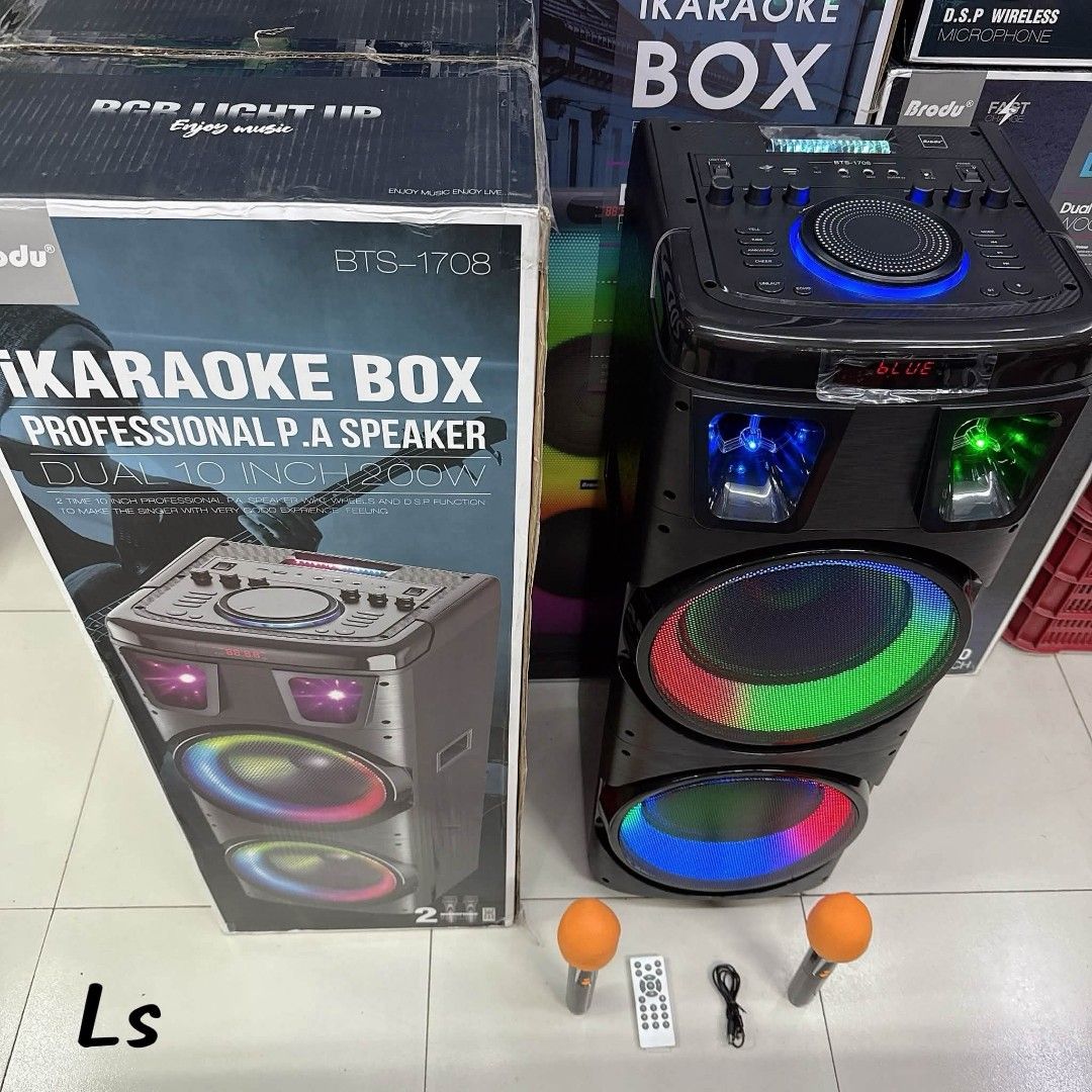 Brodu BTS-1708 Karaoke Box Professional P.A Speaker 200W (Category: Soundbars, Speakers & Amplifiers) located in Manila. Submitted by chaionlineshop (Listing ID 1456510632, Image 2). Description: - Professional P.A. speaker with dual 10-inch drivers - 200W power output for loud, clear sound - Built-in DSP function for optimized audio - Dynamic RGB lighting effects to set the mood - Includes two microphones and a remote control - Easy Bluetooth co