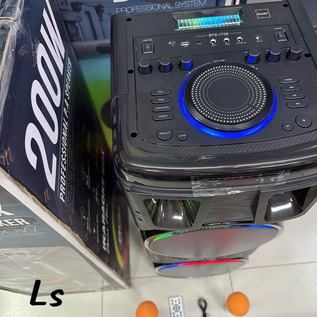 Brodu BTS-1708 Karaoke Box Professional P.A Speaker 200W (Category: Soundbars, Speakers & Amplifiers) located in Manila. Submitted by chaionlineshop (Listing ID 1456510632, Image 3). Description: - Professional P.A. speaker with dual 10-inch drivers - 200W power output for loud, clear sound - Built-in DSP function for optimized audio - Dynamic RGB lighting effects to set the mood - Includes two microphones and a remote control - Easy Bluetooth co