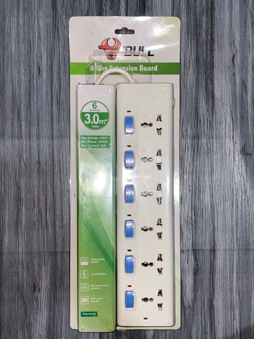 BULL 6-Way Extension Board with 3.0m Cable (Category: Electrical, Adaptors & Sockets) located in Manila. Submitted by mnlfinds (Listing ID 1456451168, Image 1). Description: Decluterring! slightly used! - BULL 6-way extension board - 3.0m cable length - Max Voltage: 250V~ - Max Power: 2500W - Max Current: 10A - Individual ON/OFF switch for each socket - Built-in circuit breaker for enhanced safety Can Ship/Meet up around Manila.