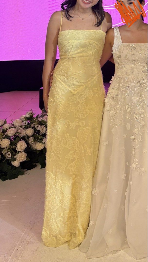 [FOR RENT] Butter Yellow Long Gown (Category: Evening dresses & gowns) located in Quezon City. Submitted by chimpanjee (Listing ID 1456491306, Image 2). Description: -Rent is for 3 Days -Requires additional ₱900 deposit (to be returned once gown is returned) - Model is 5’6 - Waistline is 24-25.