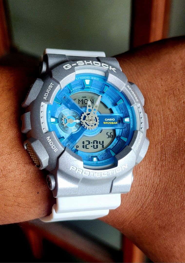 Casio G-Shock GA110 (Category: Men's Watches) located in Marikina City. Submitted by jbelgica82 (Listing ID 1456497741, Image 2). Description: - Casio G-Shock GA110 - Blue and silver face - Shock resistant - Water resistant up to 200 meters (WR20BAR) - Digital and analog display - Comes with a white strap - Ideal for everyday wear and sports activities.