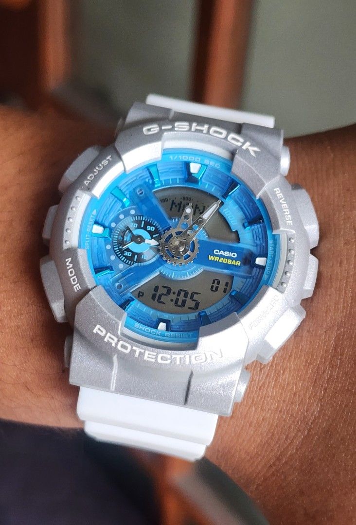 Casio G-Shock GA110 (Category: Men's Watches) located in Marikina City. Submitted by jbelgica82 (Listing ID 1456497741, Image 1). Description: - Casio G-Shock GA110 - Blue and silver face - Shock resistant - Water resistant up to 200 meters (WR20BAR) - Digital and analog display - Comes with a white strap - Ideal for everyday wear and sports activities.