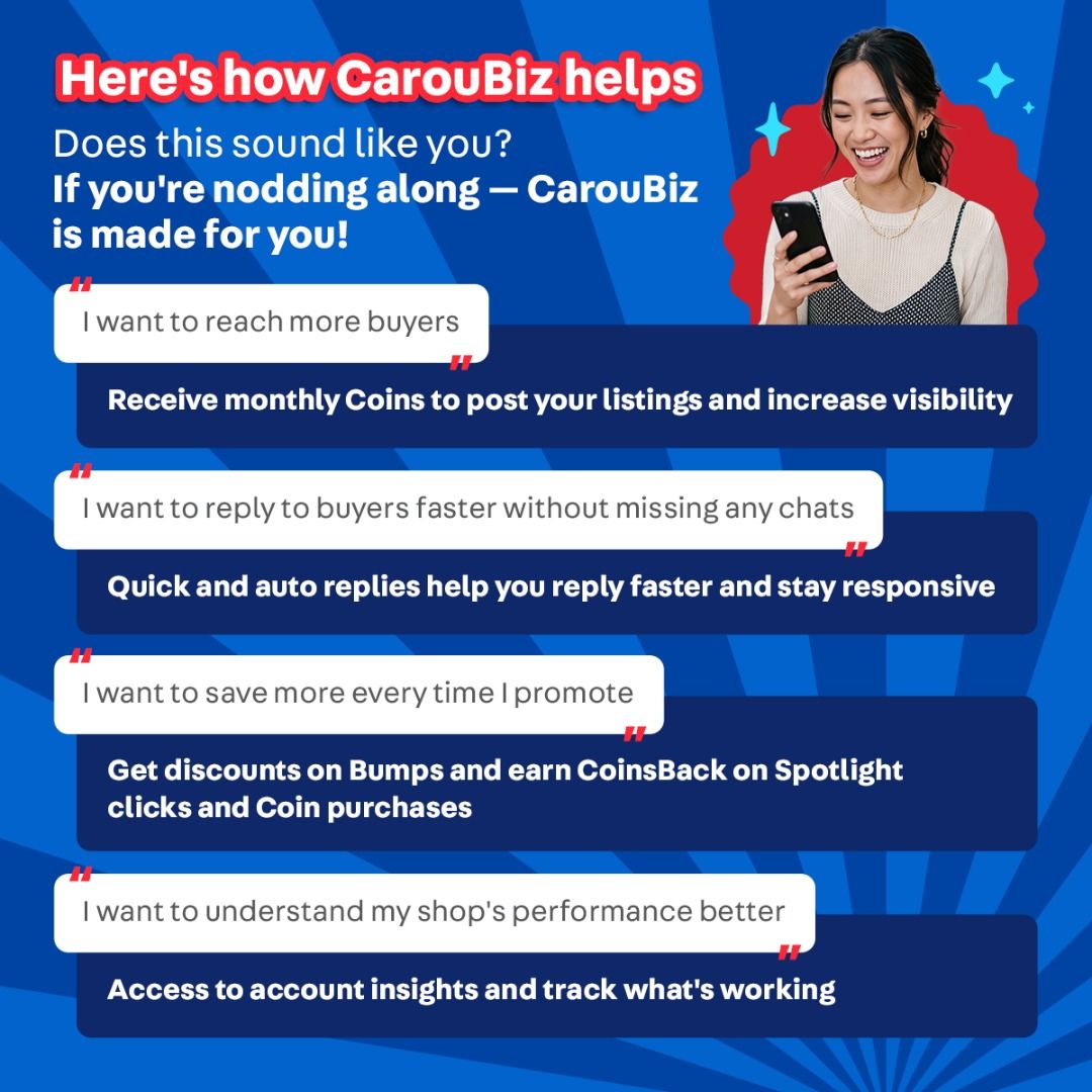 Celebrate Our Anniversary — Grow Bigger with CarouBiz! 🎉 (Category: Announcements) located in Kuala Lumpur. Submitted by carousell_business_my (Listing ID 1456115978, Image 2). Description: It's our anniversary — let's make this your biggest year! 🎉 With CarouBiz, you get access to advanced selling tools that help you list more, reach more buyers and grow faster: 💰 Get monthly Coins to boost your listings and increase visibility 💬 Quick and a