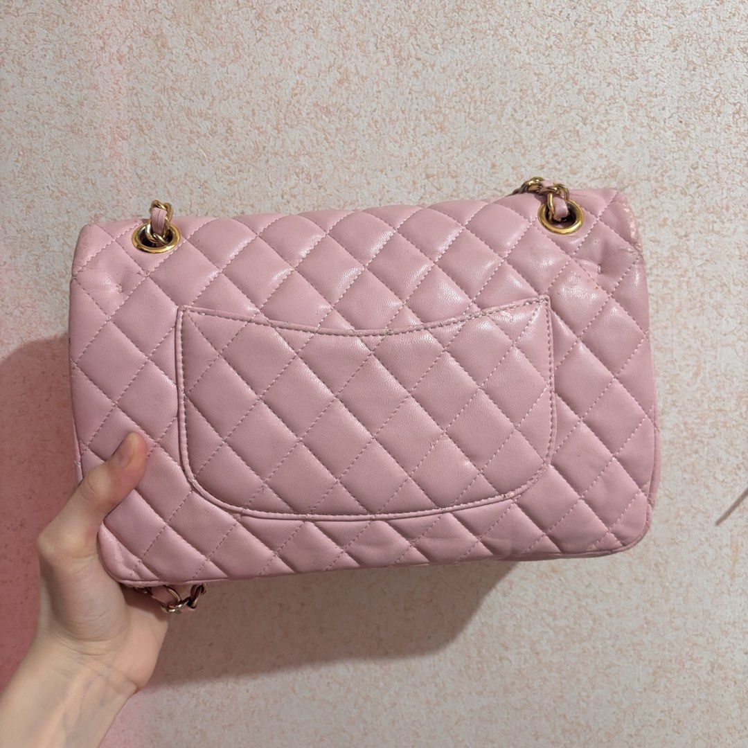 chanel double flap in pink (Category: Luxury Bags & Wallets) located in Las Pinas. Submitted by totesarchive (Listing ID 1456595270, Image 2). Description: thrifted needs retouching ♡ pls see issues on the pictures & note that the leather peeling are on both sides. ty - missing holo sticker decluttering price :).