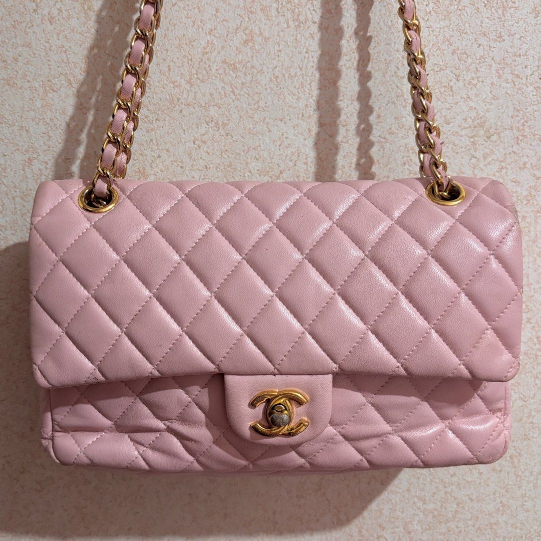 chanel double flap in pink (Category: Luxury Bags & Wallets) located in Las Pinas. Submitted by totesarchive (Listing ID 1456595270, Image 1). Description: thrifted needs retouching ♡ pls see issues on the pictures & note that the leather peeling are on both sides. ty - missing holo sticker decluttering price :).