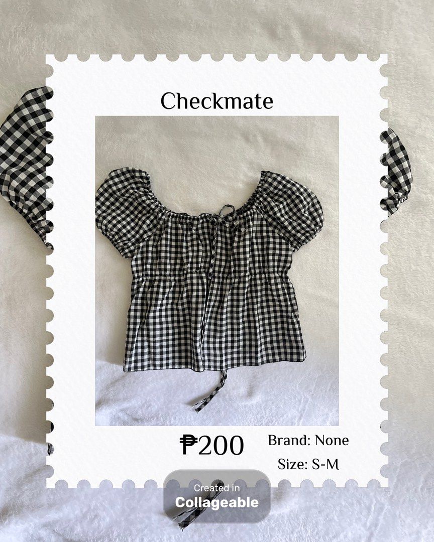 Checkmate Black and White Gingham Puff Sleeve Top (Category: Blouses) located in Muntinlupa City. Submitted by bluebubbles_05 (Listing ID 1456429339, Image 1). Description: - Adorable black and white gingham pattern - Trendy puff sleeves with ruffled edge - Comfortable elasticated waist with a tie - Fits size S-M - Ideal for a stylish casual day out.