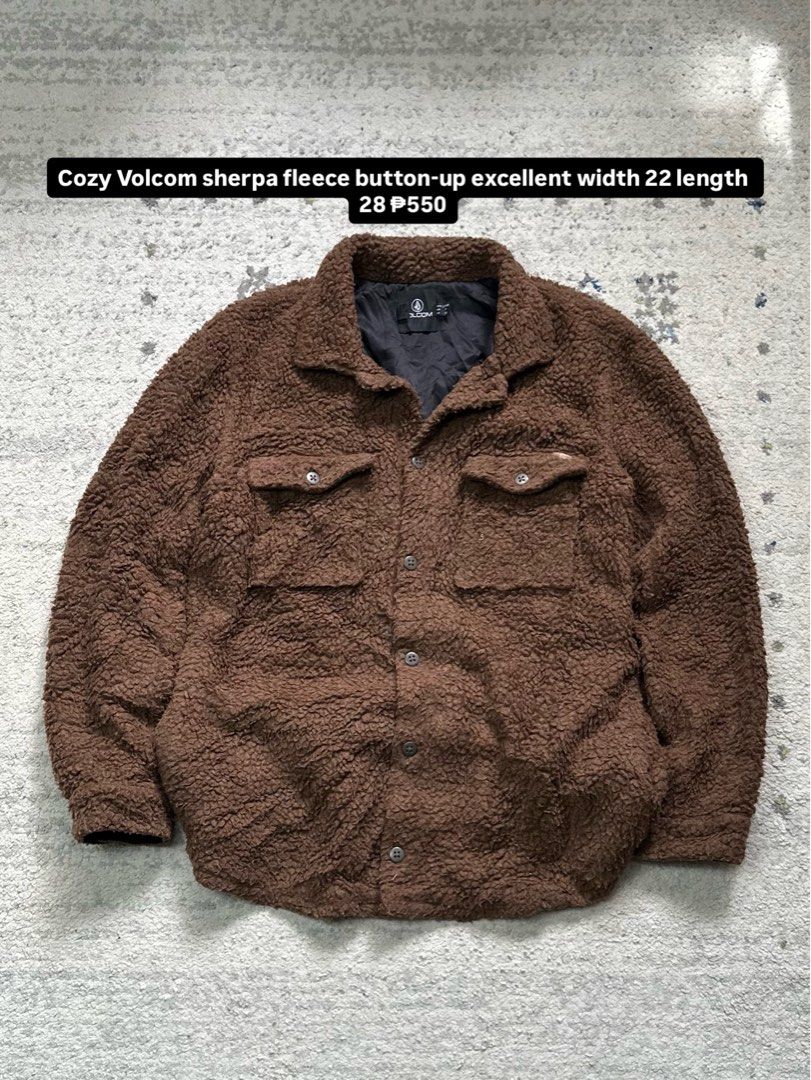 Cozy Volcom Sherpa Fleece Button-Up Jacket (Category: Coats, Jackets and Outerwear) located in Daet. Submitted by thrifthings2018 (Listing ID 1456428361, Image 1). Description: - Super cozy brown Volcom sherpa fleece jacket - Button-up style - Two chest pockets - Quilted lining for extra warmth - Measurements: Width 22 inches, Length 28 inches.