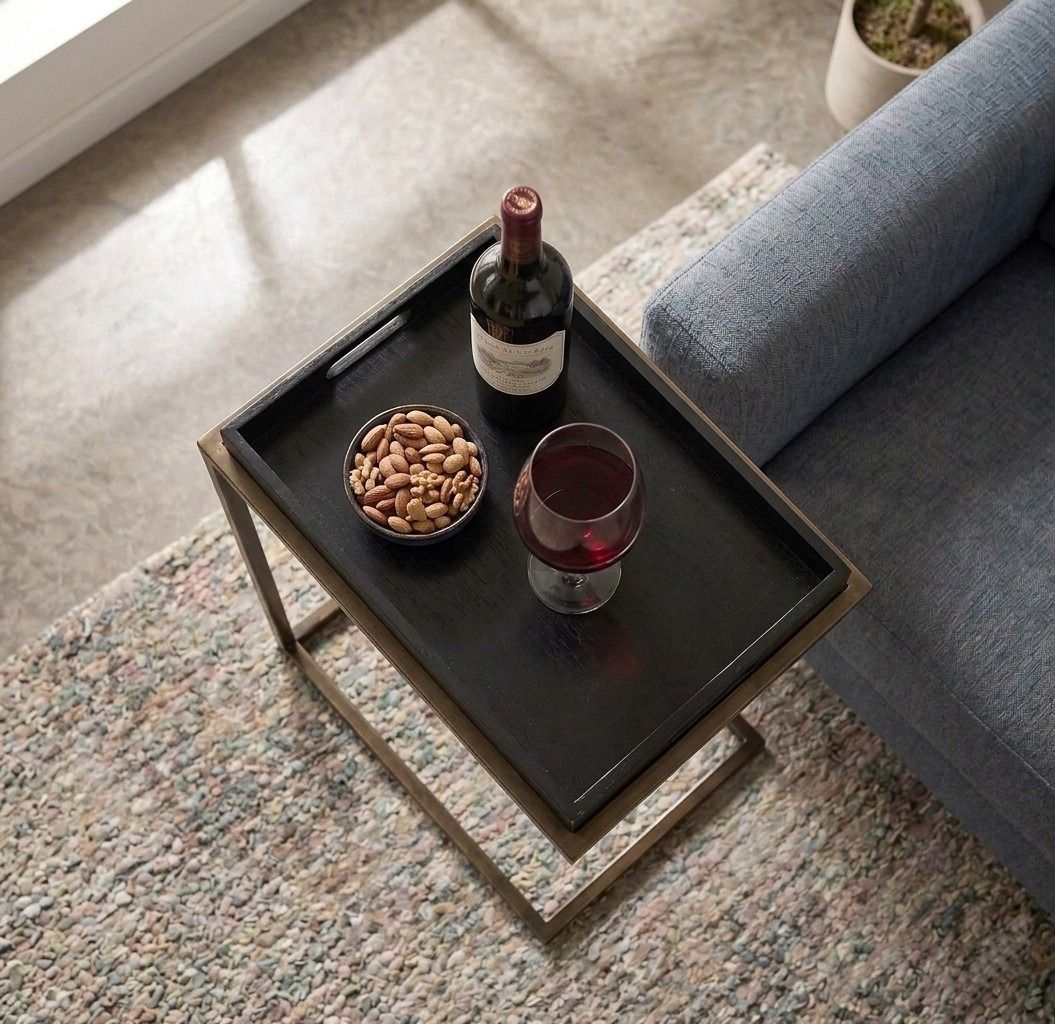 C-Tray Side Table (Category: Tables & Sets) located in Paranaque City. Submitted by furniturepiecesph (Listing ID 1456450348, Image 2). Description: This C-Tray Side table features a minimalist, industrial design. It has a bronze-finished metal base, it is easy to slide effortlessly underneath a sofa, armchair, or bed. The top section functions as a charcoal grey tray with built-in cutout handles. This C-Tray Side Table is made of square bar iron