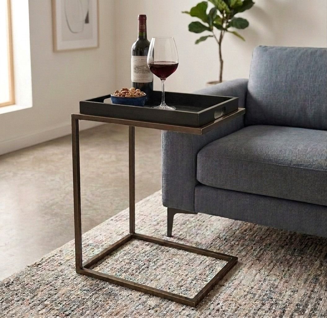 C-Tray Side Table (Category: Tables & Sets) located in Paranaque City. Submitted by furniturepiecesph (Listing ID 1456450348, Image 1). Description: This C-Tray Side table features a minimalist, industrial design. It has a bronze-finished metal base, it is easy to slide effortlessly underneath a sofa, armchair, or bed. The top section functions as a charcoal grey tray with built-in cutout handles. This C-Tray Side Table is made of square bar iron