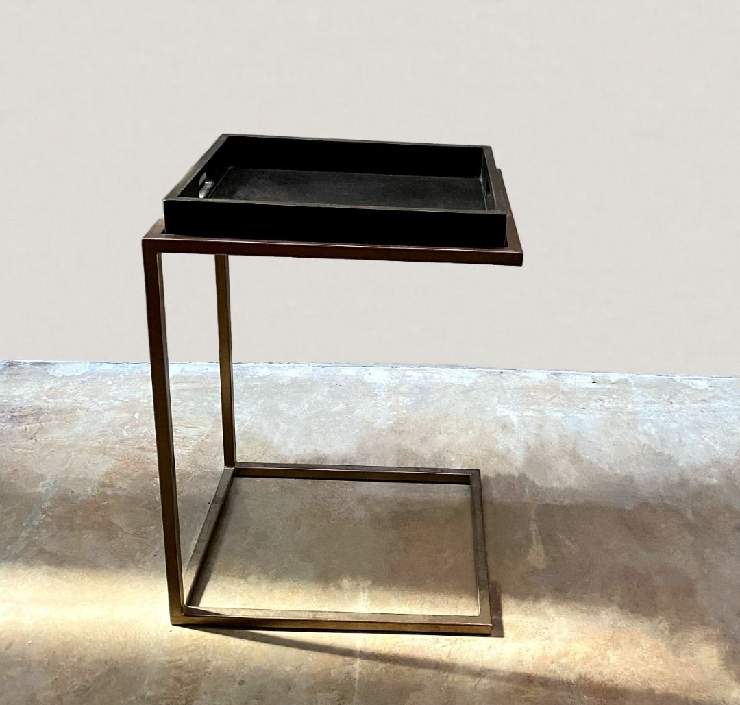 C-Tray Side Table (Category: Tables & Sets) located in Paranaque City. Submitted by furniturepiecesph (Listing ID 1456450348, Image 3). Description: This C-Tray Side table features a minimalist, industrial design. It has a bronze-finished metal base, it is easy to slide effortlessly underneath a sofa, armchair, or bed. The top section functions as a charcoal grey tray with built-in cutout handles. This C-Tray Side Table is made of square bar iron