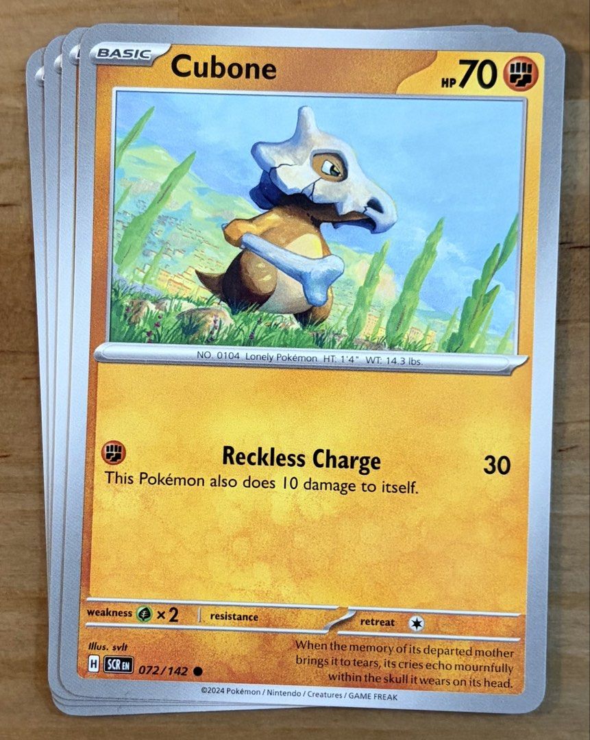 Cubone | Pokemon Cards ~ Stellar Crown (Category: Raw Singles) located in Makati City. Submitted by cardlab (Listing ID 1456584358, Image 1). Description: Items are 💯 authentic/original/legit. About The Card: •Language: EN • Number: 072/142 • Common • Normal FOR: • Cards ₱99 and below with Card Sleeves • Cards ₱100 and up with Card Sleeves and Used Toploader • ₱10 for Bnew Tops Packaging (If Shipping): ✔️ Plastic cover ✔️ Cardboard ✔️ Bubble wra