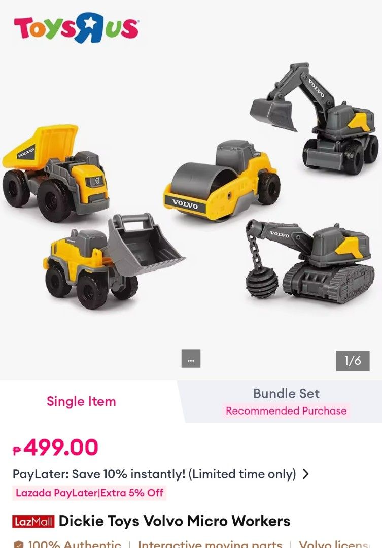 Dickie Toys Volvo Micro Workers Bundle Set (Category: Vehicle & Diecast Models) located in Quezon City. Submitted by jholouise (Listing ID 1456445168, Image 2). Description: - Bundle of 5 Dickie Toys Volvo Micro Workers construction vehicles. - Includes: Dump Truck, Roller, Excavator, and 2 other vehicles. - Officially licensed Volvo products. - Features interactive moving parts. - Great for children who love heavy machinery..