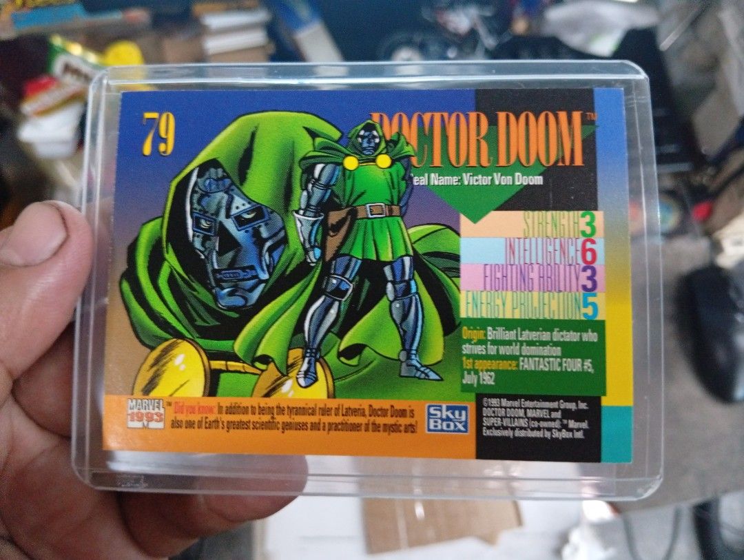 Dr. Doom Impel 1994 Series 4 Marvel Universe Card (Category: Raw Singles) located in Manila. Submitted by back_to_the_thrift (Listing ID 1456488376, Image 2). Description: Dr. Doom Impel 1994 Series 4 Marvel Universe Card Toploader and sleeves included .