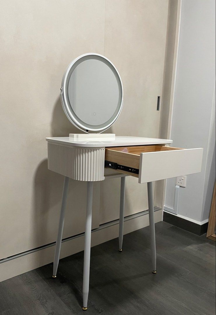 Dressing Table (Category: Other Home Furniture) located in Singapore. Submitted by possibilities_opportunities (Listing ID 1456571685, Image 2). Description: Modern Dressing Table with 3-colour light. Approx dim: L60cmxD40cmxH76cm. Table top to Mirror H44cm. Owned the unit for about 9 months only. Condition tip top. Can assemble or disassemble for easy transport. Cash and Carry on 22/8 Saturday after 11am..