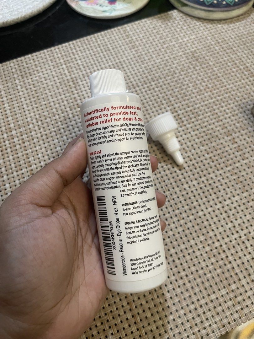 Eye drops for pets (opened) (Category: Health & Grooming) located in Quezon City. Submitted by jadeeclutterz (Listing ID 1456468778, Image 3). Description: Wondericide Eye Drops for pets Fast acting relief for itchy and irritated eyes Removes and helps prevent tear stains Sting free Bought from Bow&Wow for 1605 pesos. Used for my cat for 10 times only, so it’s still at around 80% full or more. Selling for 800 pesos only—last price..