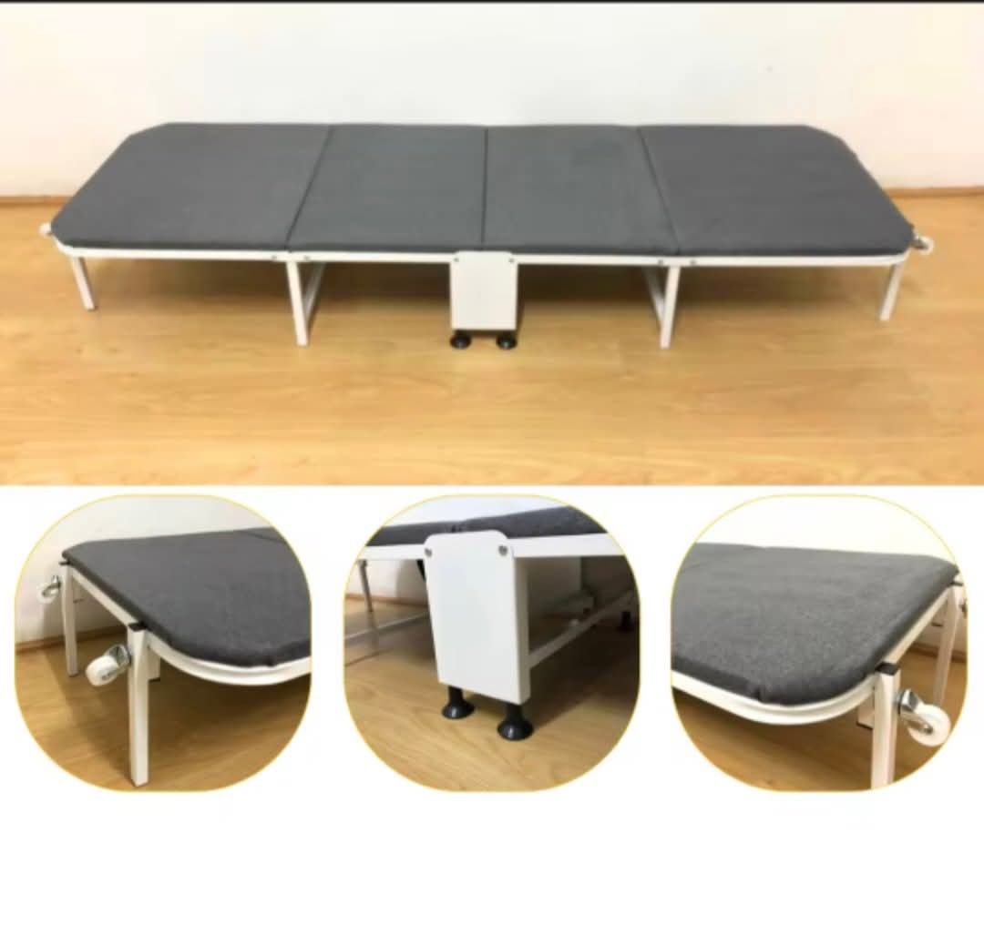 Foldable Guest Bed with Mattress (Category: Bed Frames & Mattresses) located in Mandaluyong City. Submitted by carmy.94 (Listing ID 1456482561, Image 2). Description: - Easy to fold and store, ideal for small spaces or guests. - Comfortable mattress included. - Rolls easily on wheels for convenient movement. - Sturdy metal frame for durability. - Open dimensions: 188cm x 60cm. - Folded dimensions: 60cm x 60cm x 32cm..