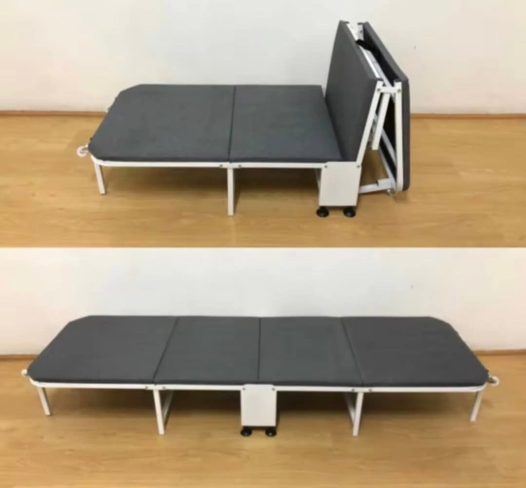 Foldable Guest Bed with Mattress (Category: Bed Frames & Mattresses) located in Mandaluyong City. Submitted by carmy.94 (Listing ID 1456482561, Image 1). Description: - Easy to fold and store, ideal for small spaces or guests. - Comfortable mattress included. - Rolls easily on wheels for convenient movement. - Sturdy metal frame for durability. - Open dimensions: 188cm x 60cm. - Folded dimensions: 60cm x 60cm x 32cm..