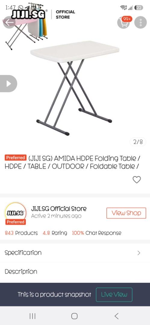 Foldable Table (Category: Tables & Sets) located in Singapore. Submitted by chlorine0477 (Listing ID 1456479133, Image 2). Description: -The length is only 70+cm. Do check the screenshot of where I bought it. -Foldable -ONLY self collect.